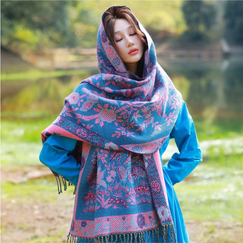 Spring and Autumn New Jacquard Shawl Core-spun Yarn Warm Windproof Scarf Xizang Yunnan Travel Scarf