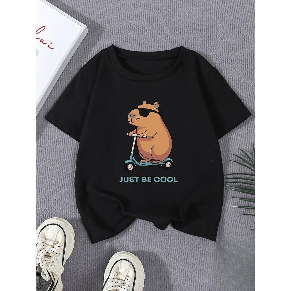 Young Boy Capybara Fashion Glasses Skateboard Print Fashionable Cute Casual T-Shirt Comfortable Crew Neck Short Sleeve Tee