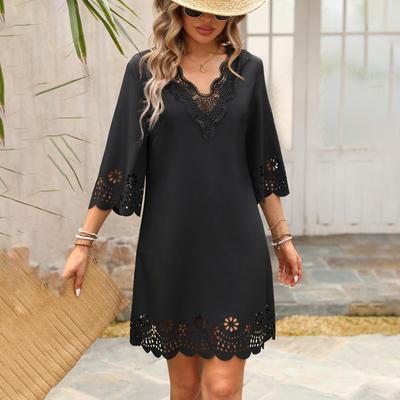 Spring Summer Women Loose Burnt Flower Half Sleeve Dresses High Waist A-Line Lace V-Neck Solid Color Dress S-XL