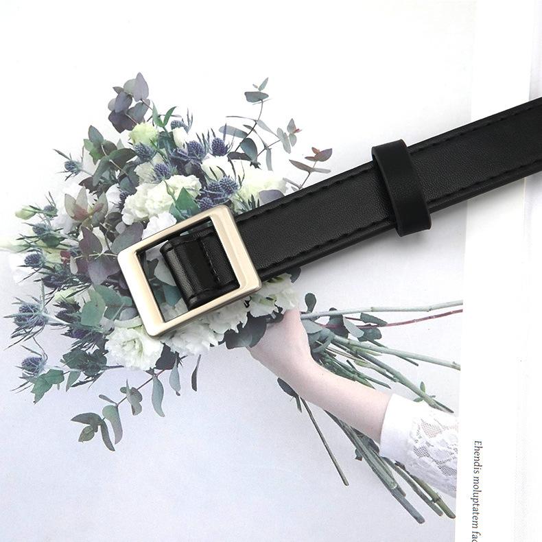 Round Buckle Square Buckle No Holes No Punching Women'S Belt Jeans Belt Summer Imitation Leather Small Belt