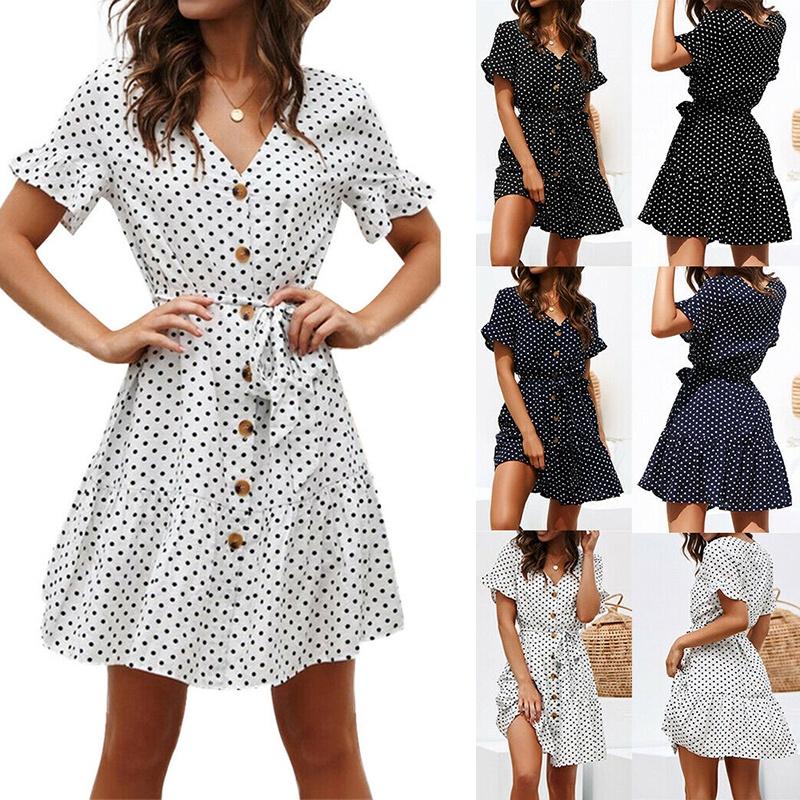 Timeless Ladies Womens Polka Dot V-neck Short Sleeve Summer Shirt Dress In Premium Quality