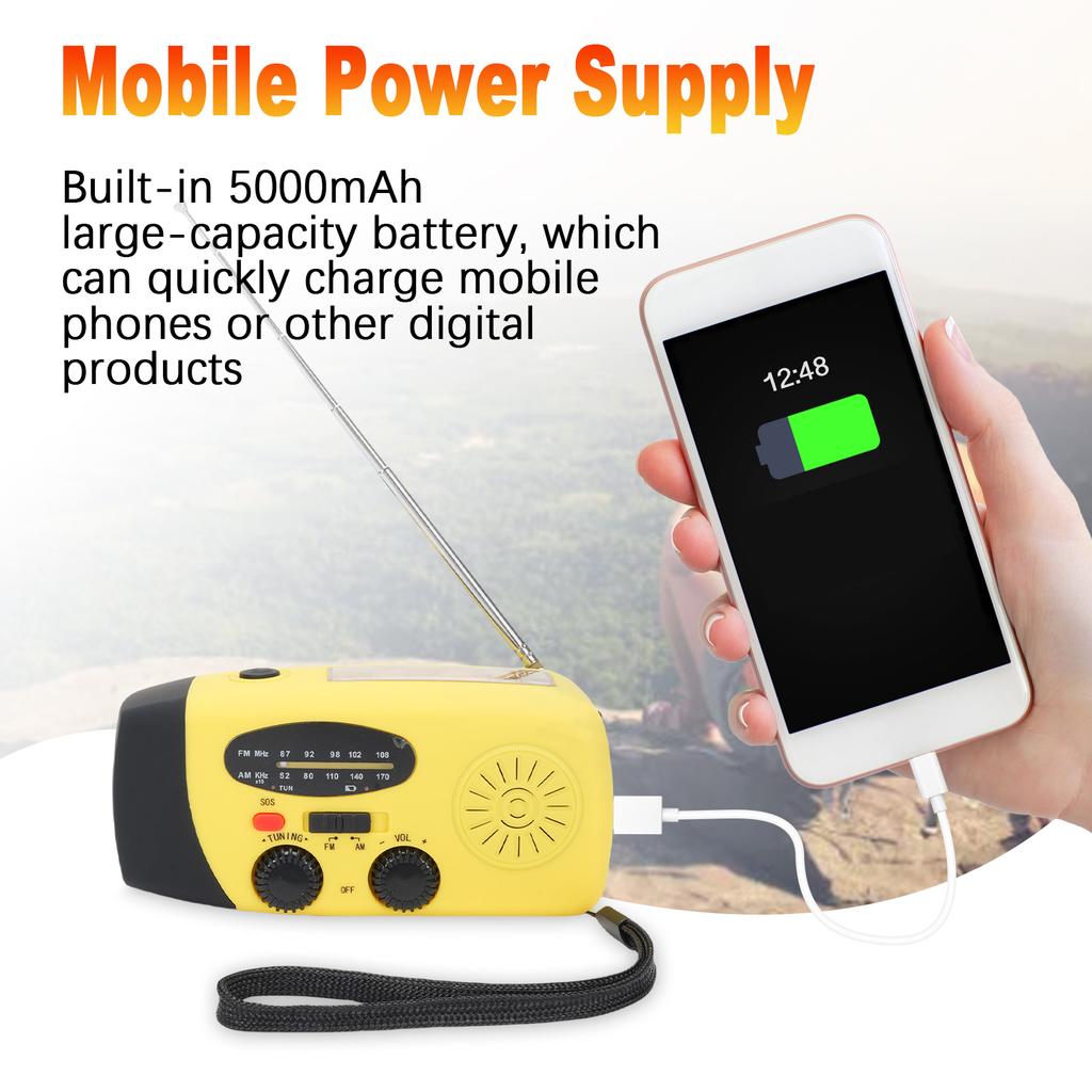 Solar-Notfallradio mit Handkurbel und Typ-C-Aufladung, AM FM Tragbares Radio, 5000mAh Wiederaufladbarer Akku, SOS