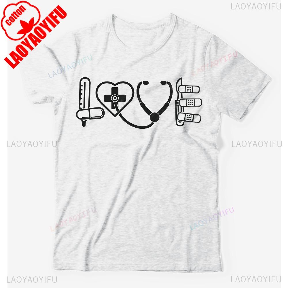 Nurse Doctor Medical LOVE Sign Student T-shirt Stethoscope Pattern Unisex T Shirt Men Women Fashion Crewneck Cotton Tee Tops