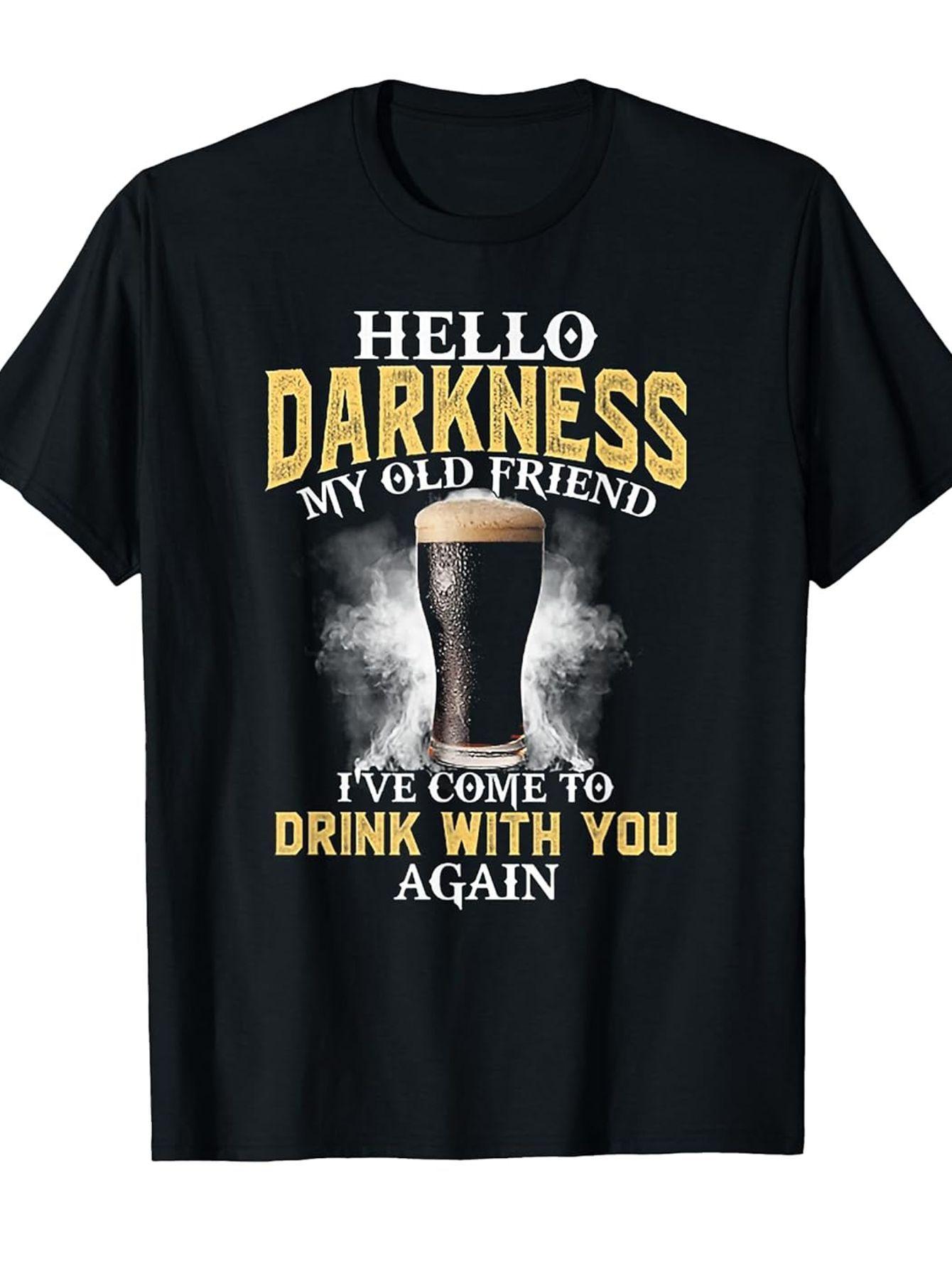 

Men s Funny Beer Lover T-Shirt with Hello Darkness My Old Friend Drinking Phrase & Beer Mug Graphic - Black with Yellow Print Casual Party Wear XL