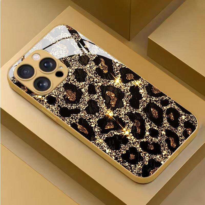 Golden Leopard Print Flash Tempered Glass Phone Case For iPhone 17 Pro Max 16 15 14 Plus 11 12 13 Pro Max 16E 17 Air Hard Cover