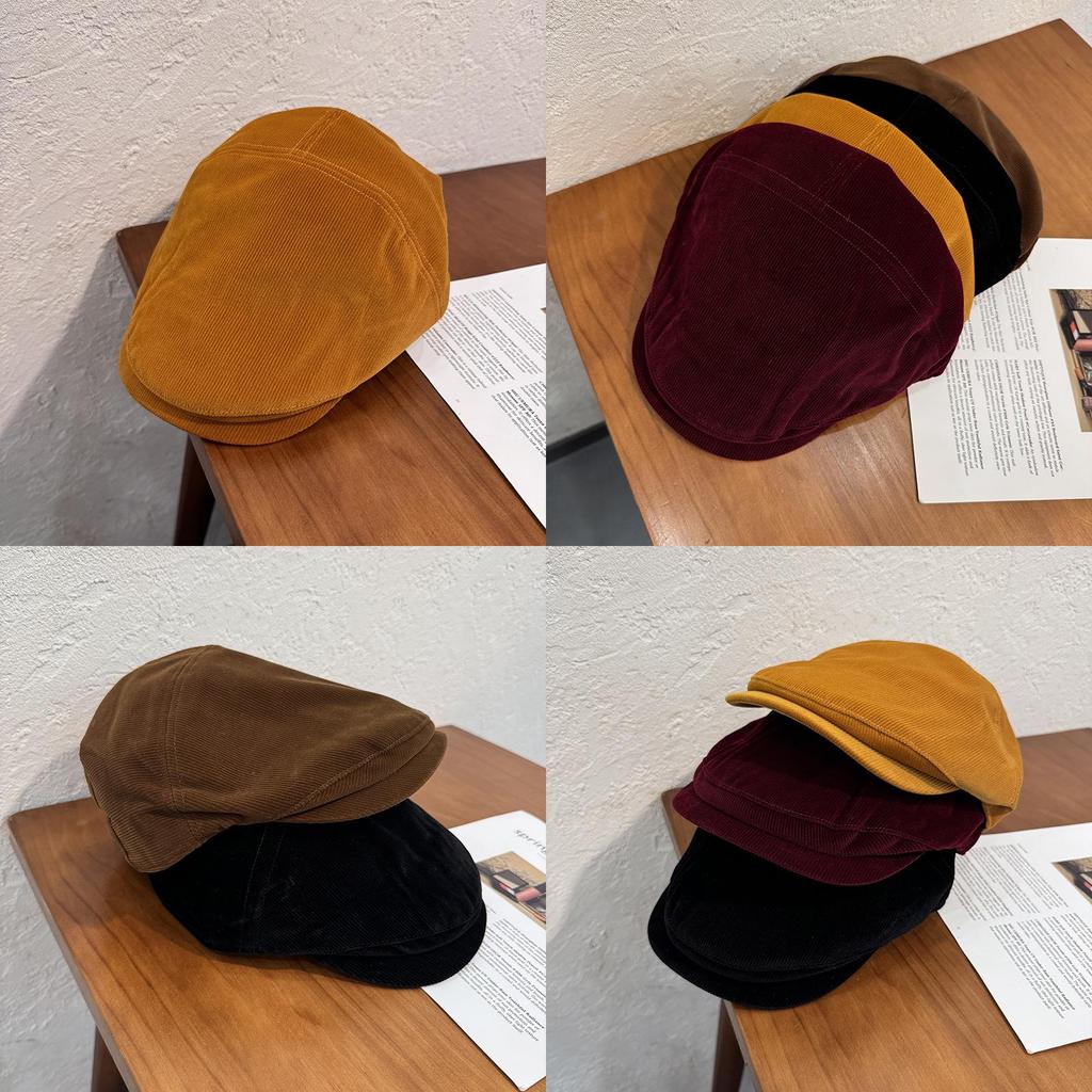 Classic British Style Corduroy Solid Color Cap With Warmth And Sunshade For Fall And Winter