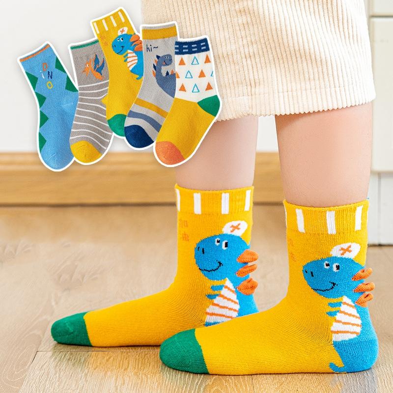 

5Pairs/set Children s Socks Cute Cartoon Dinosaur Kids Baby Boys Girls Mid Tube Soft Infant Spring Animal Cotton Student Floor Socks S жёлтый