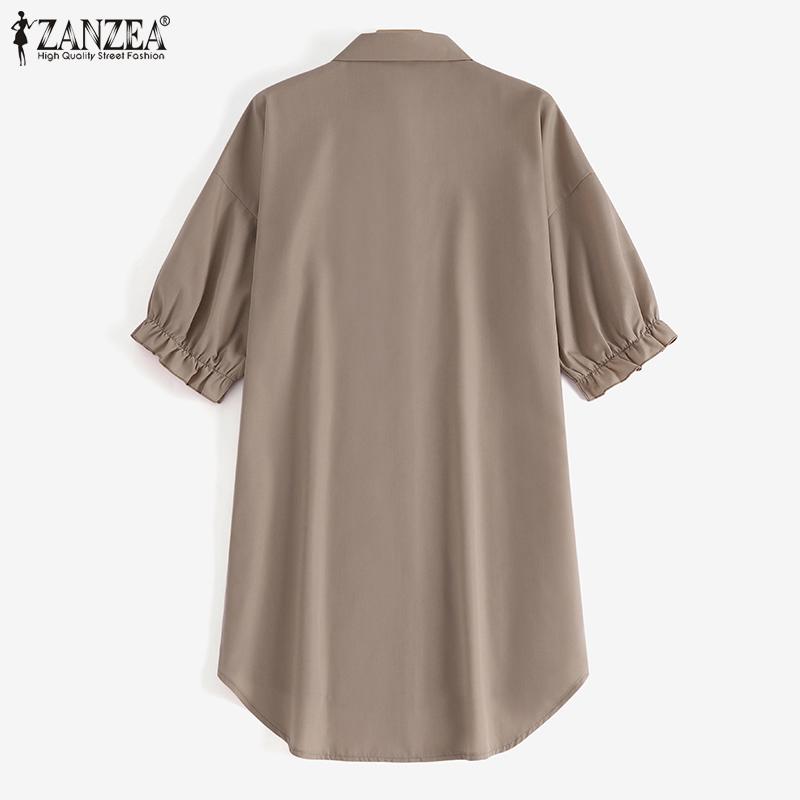 ZANZEA Women Loose Solid Short Sleeve Collared Button Down Shirt Mini Dress