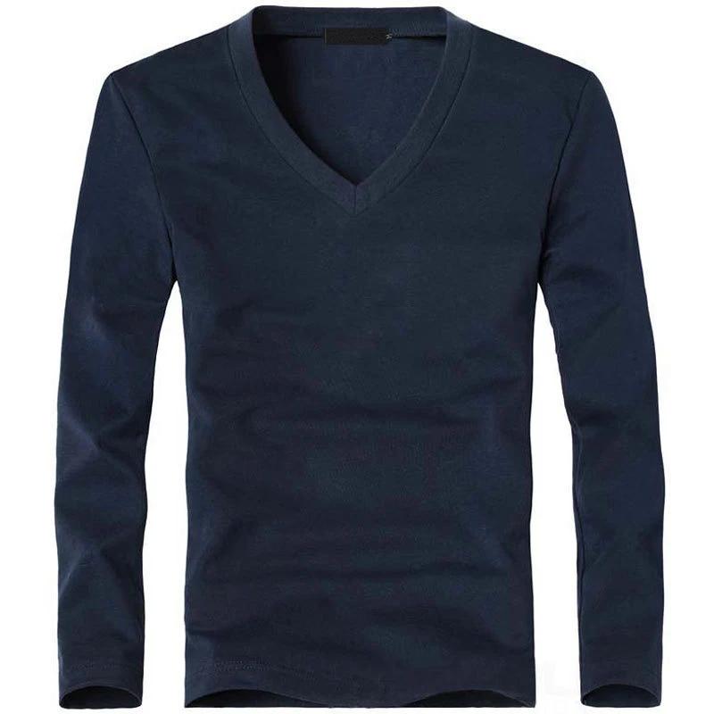 Elastic Mens T-Shirt V-Neck Long Sleeve Men T Shirt for Male T-Shirts Man Clothing TShirt Solid Color Tops Tees