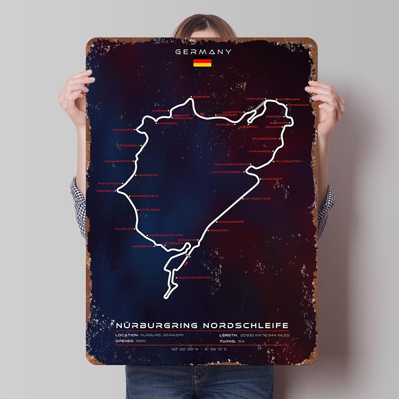 Nurburgring Circuit Printed Poster Customized Wall Art Retro Vintage Metal Tin Signs for Room Decoration Gaming Home Decor Items