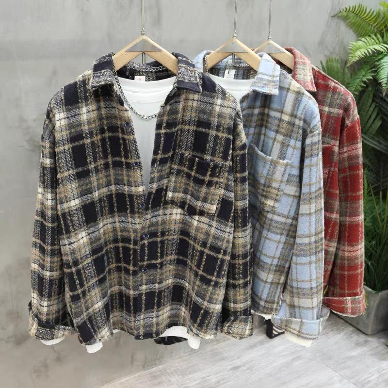 New retro woolen polished plaid shirt jacket women's lazy style loose casual versatile and thin lapel shirt