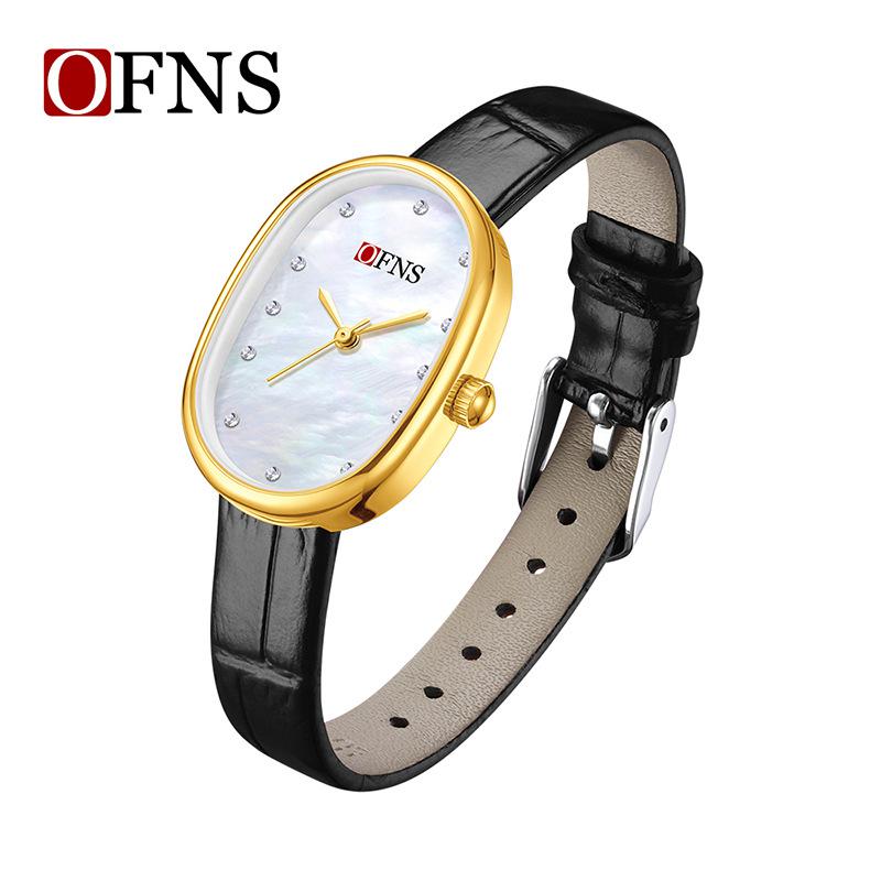 Fashion Ofns Women's Fashion Luxury Pearl Mother Of Dial Diamond Dot Oval Quartz Waterproof Light Dress Watch For Girlfriend Gif