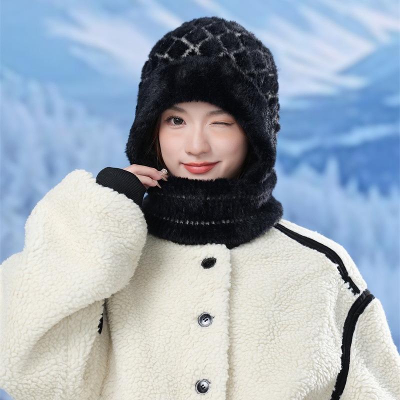Fashion Plaid Plush Warm Scarf One-piece Hat Women's Winter Outdoor Cycling Windproof Neck Cover Plush Cap