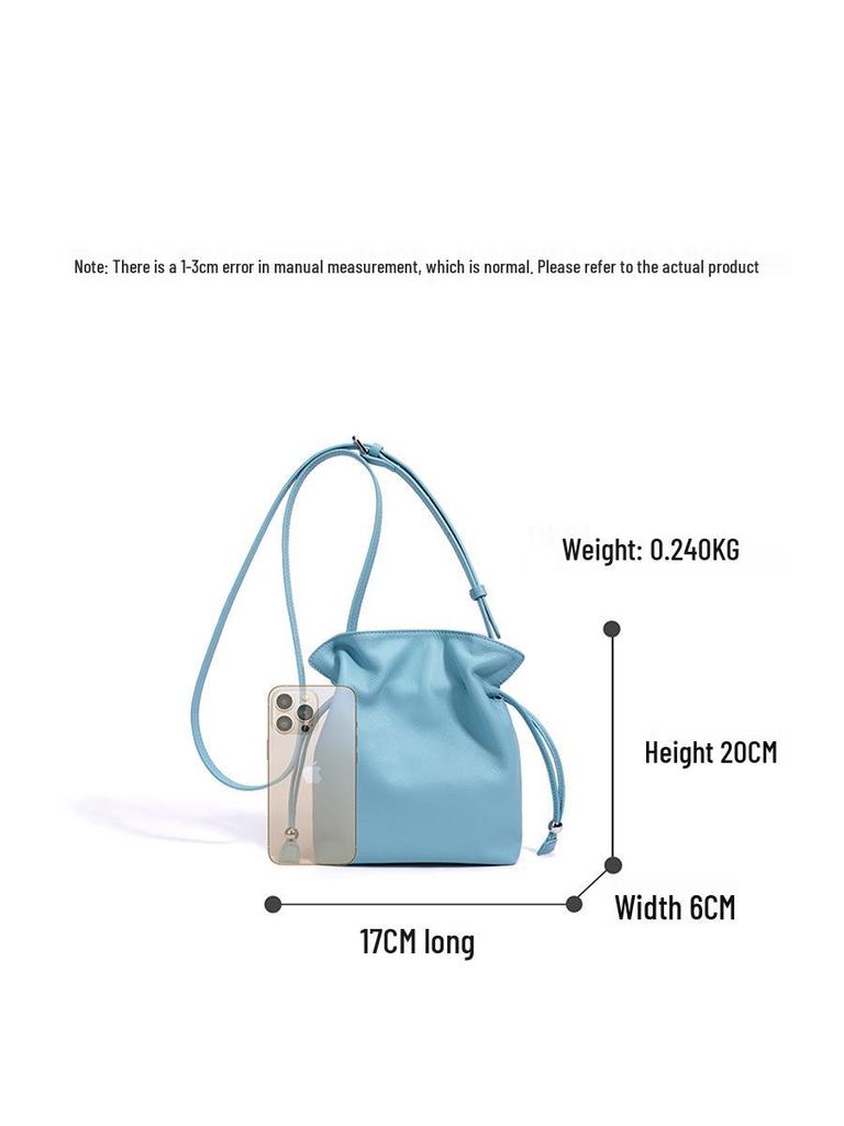 Luxury Mini Furoshiki Drawstring Cloud Handbag - Genuine Leather, Solid Color, Niche Design, Crossbody Bag