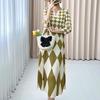 Women's Print Dress Spring Summer Diamond Print High-end Pleated Dress V-neck Long Dress