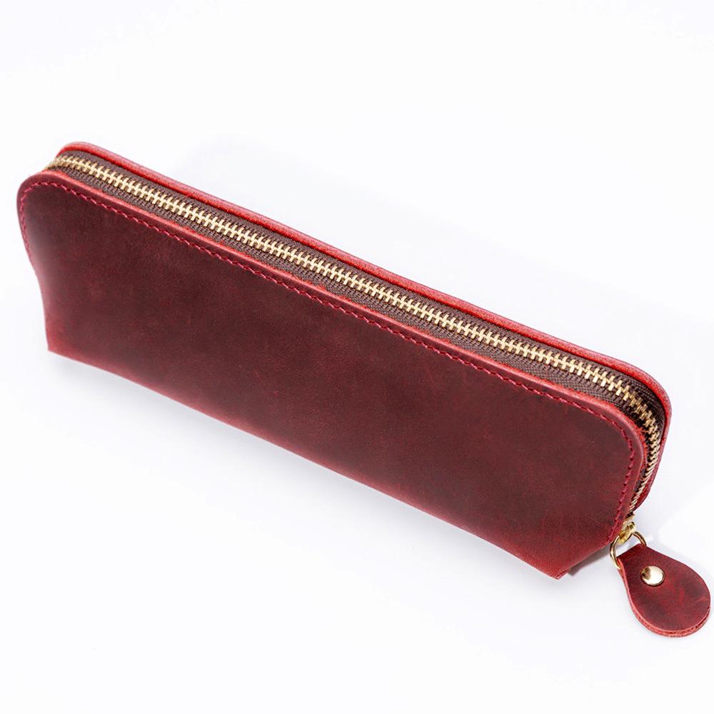 2026 Crazy Horse Leather Zipper Pencil Bag Handmade Leather Pencil Bag Creative Fashion Stationery Retro Pen Storage Bag