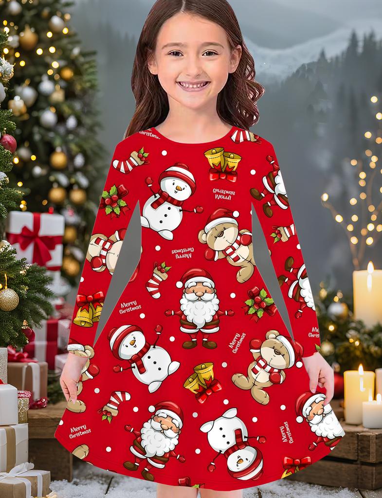 Girls' Autumn and Winter Fashion Dress, 3D Christmas Print  Round Neck Long Children's T-shirt Dress, Casual Versatile, Christmas Clothing