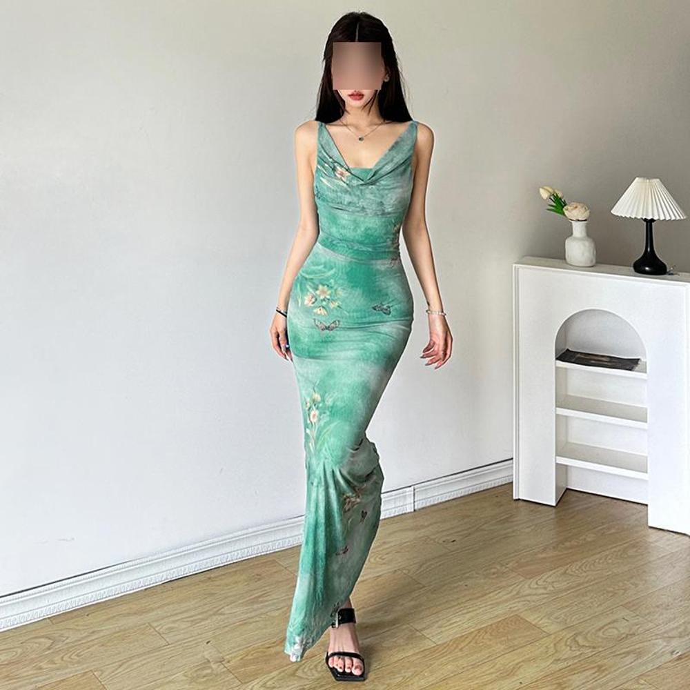 French Spice Girl Spring Pocket Collar Waist Skinny Fishtail Long Skirt Mori Smudged Butterfly Printed Mesh Suspender Skirt