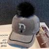 And Ladies Autumn Hat Winter With Diamond Letter D Allmatch Baseball Cap Fur Ball White Peaked Cap Fur Ball Decor