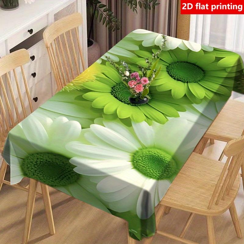 2D Flat Printing, 1pc, Daisy Pattern Tablecloth, Polyester Material, Printed with Green And White Daisy Patterns, Suitable for Tabletop Decoration In