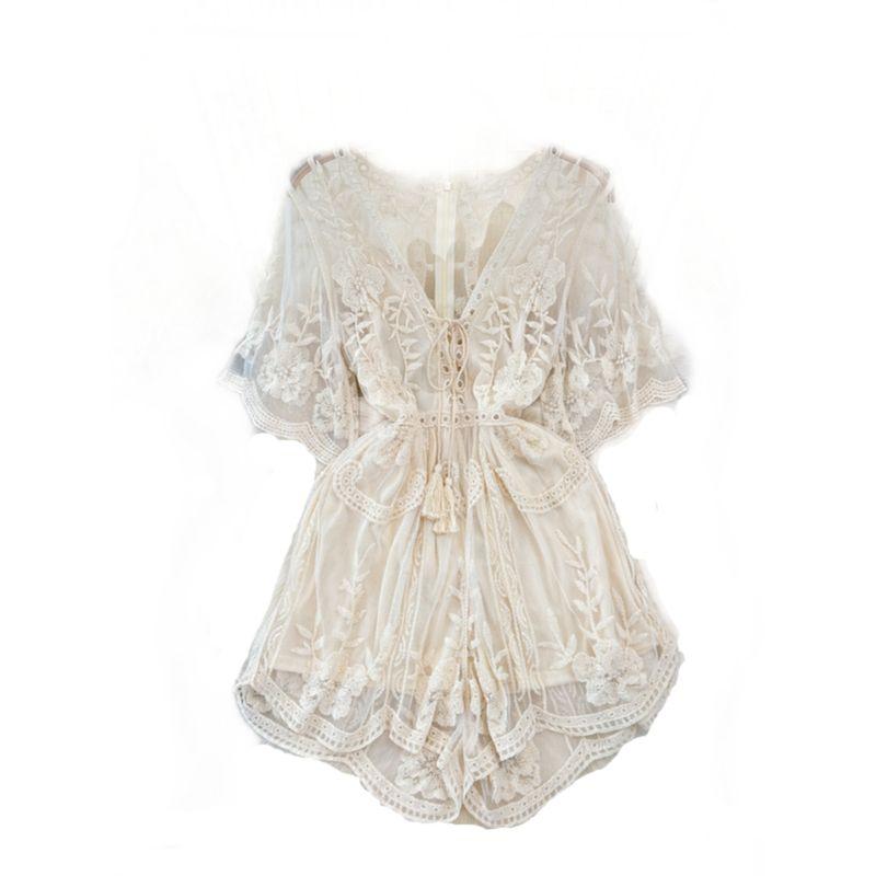 V Neck Fashion Sexy Embroidered Vacation Blouse Jumpsuit