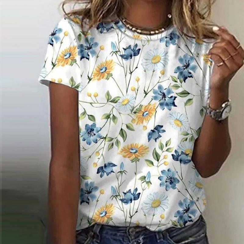 2025 Women's Street Fashion T-shirt Flower 3D Printed Short Sleeve Daily Versatile Casual Loose Round Neck Top Women's Wear