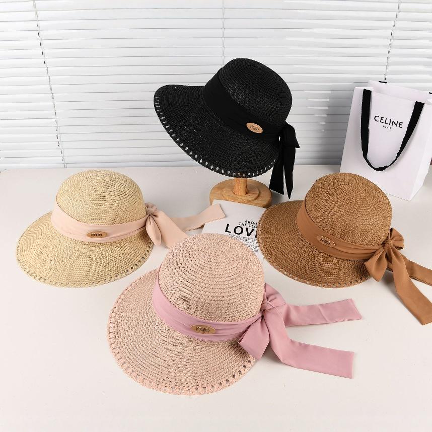 Charm Clothings Women's Black French Elegant Ribbon Bow Straw Hat Children Summer Dome Seaside Outing Sunscreen Sunshade Top Hat Tide 56-58Cm
