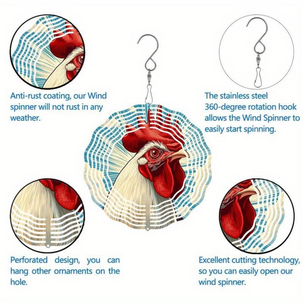 Rustic Rooster Wind Chime 2D Metal Outdoor Hanging Decor for Garden Patio Farm Wedding Birthday Christmas Gift Red White Design