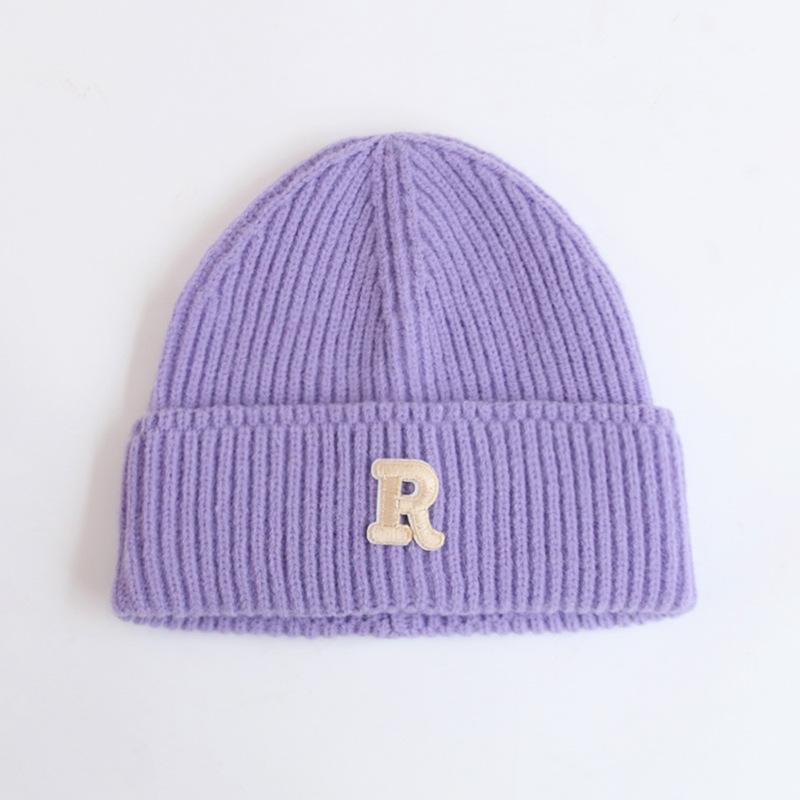 Wool hat women's autumn and winter new letter R standard knitted hat flanged ear protection warm Internet celebrity cold hat tide