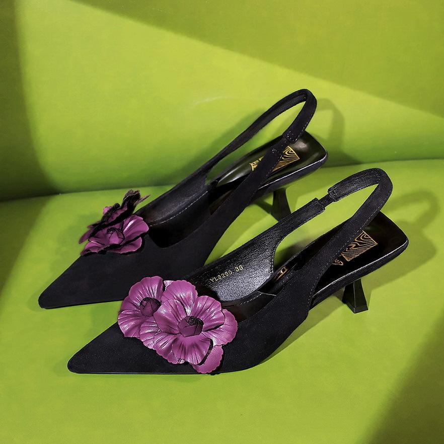 Fashion Flower Suede Pointed Toe Pumps Sandals for Women Retro Elegant High Heels Woman Fashion Designer Slingback Dress Shoes Ladies