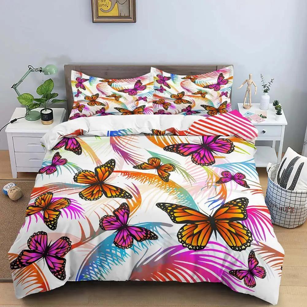 Butterfly Duvet Cover Set Colorful Butterfly Heart Shape Comforter Cover Spring Fresh Style Animal Polyester Bedding Set Girls