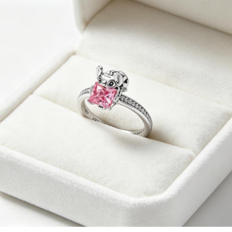 New Stitch Cute Cartoon Ring Cross-border Foreign Trade Shining Diamond Pink Blue and White Ring