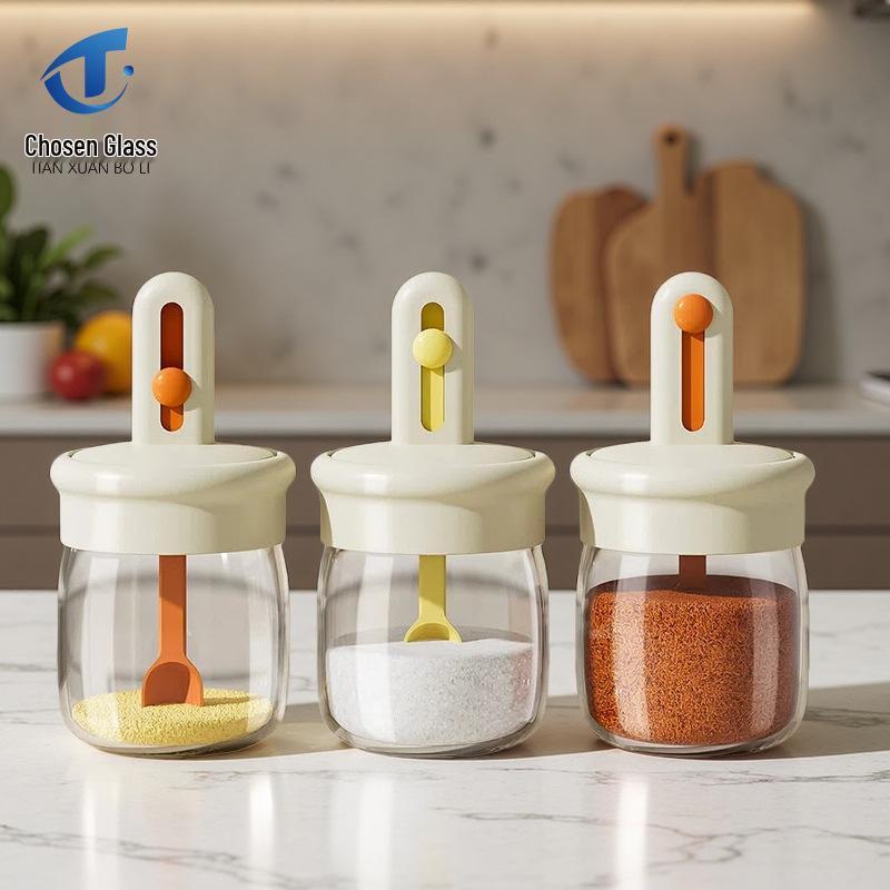 Retractable Glass Seasoning Jar with Integrated Spoon and Moisture-Proof Lid Orange Retractable Seasoning Jar