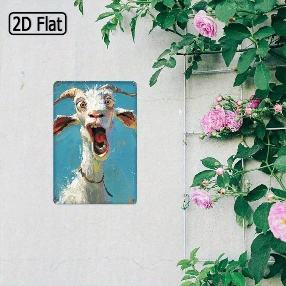 1PC 2D Flat Metal Tin Sign, Funny Screaming Goat Portrait Wall Art, Whimsical Blue Background Animal Poster, Rustic Farmhouse Decor