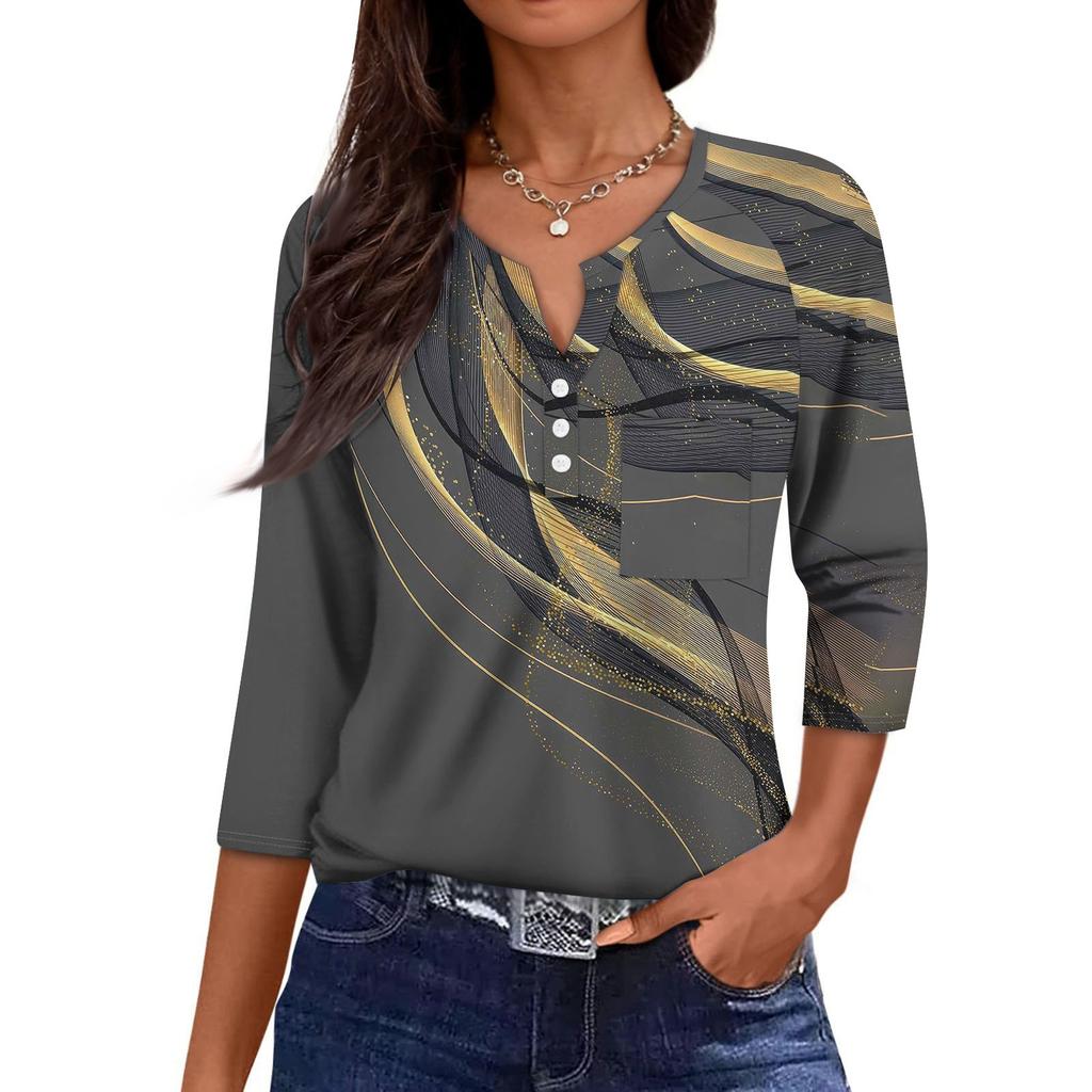 Dámská Ležérní Módní Výstřih do V Volná Univerzální Květinový Potisk Tříčtvrteční Rukávy