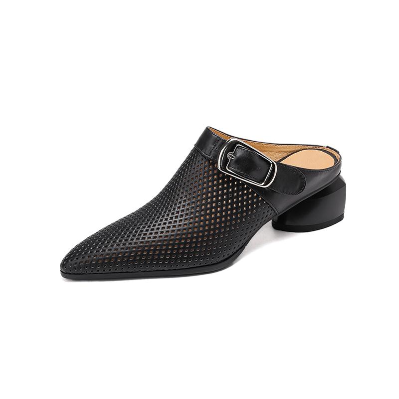 

Модная летняя женская обувь из натуральной кожи для женщин, остроносая, с вырезами, женские сандалии с закрытым носком, на массивном каблуке, женские мюли 40 чёрный