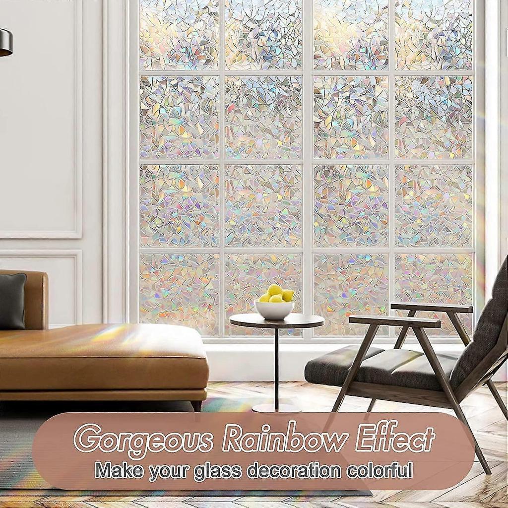 Window Privacy Film Rainbow Static Cling Stained Glass Film Window Covering Sticker Non-Adhesive Removable Reflective Window Vinyl, Anti-UV Sun Blocke
