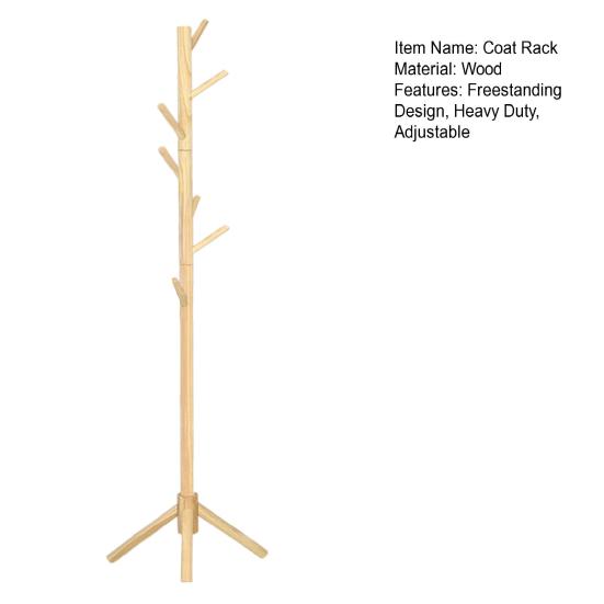 Wooden Freestanding Coat Rack Heavy Duty Adjustable Coat Tree Hallway Entrance Living Room Bedroom Hats Coats Scarves Handbags Hanger Stand