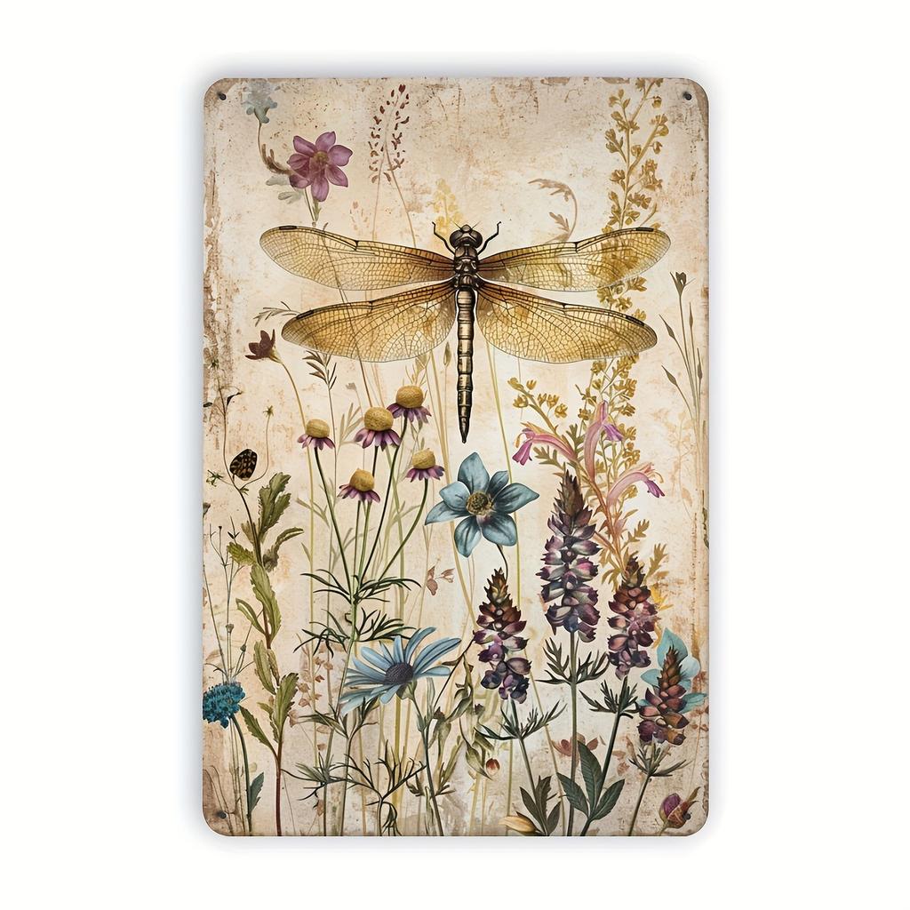 Retro Dragonfly Floral Metal Tin Sign Vintage Wall Art Decor for Garden Cafe Garage Restaurant x Inch Indoor Outdoor Dec