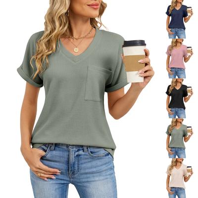 Women's Fashion Solid Color V-neck Pocket Short Sleeved Pullover T-shirt Top
