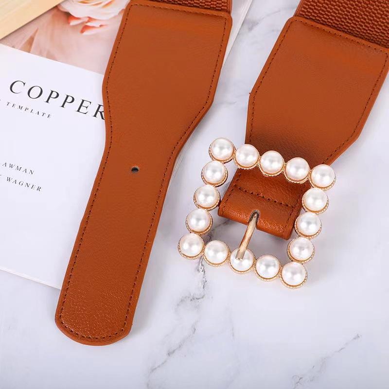 A New Women's Dress with Sweet Pearl Elastic Elasticity, Wide Cinched Waist and Waist Seal, Fashionable Ins Style Belt for Ladies