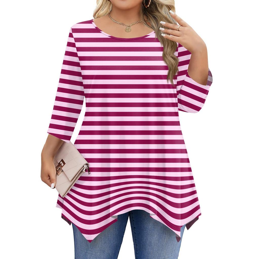 Womens Plus Size 3/4 Sleeve Shirts  Round Neck Tunic Tops Basic Loose Fit Tee Tops L-5XL