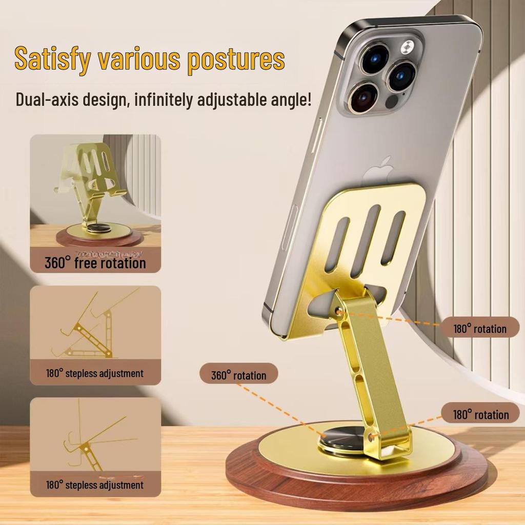 Luxury Gold Rotating Wooden Base Phone & Tablet Holder – Decompression Metal Design