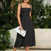 Dames Mouwloze Jurk Spaghetti Bandjes Vierkante Halslijn Midi Jurk Vetersluiting Swing Lange Jurk Flowy A-Lijn Split Zomerjurk