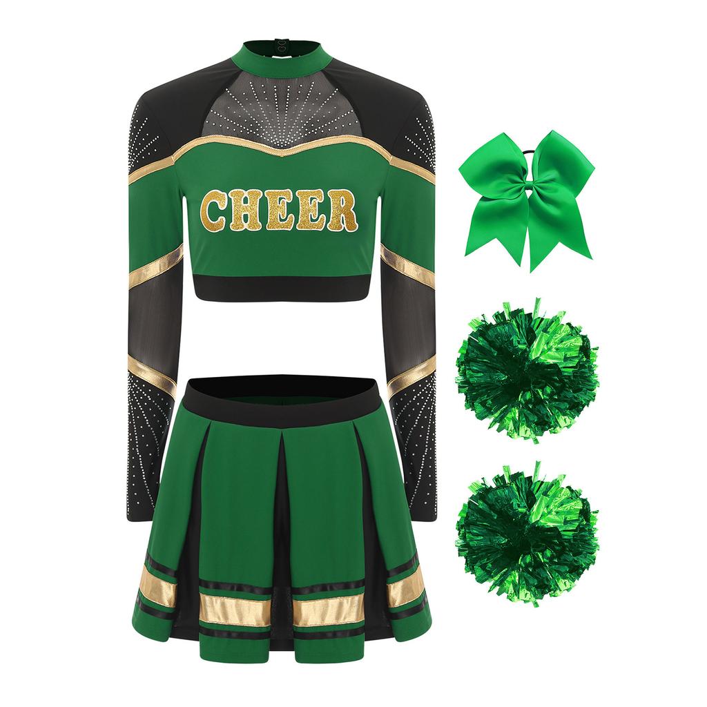 Damen Cheerleading Performance Tanz Outfit Langarm Stehkragen Strass Crop Top Faltenrock Haargummi Set