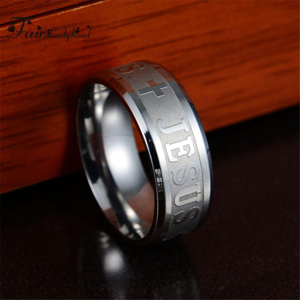 

FairLadyHood TOP Quality Catholic 8mm Titanium Steel Silver Color Rose Gold Color Jesus Cross Letter Bible Wedding Band Ring Men 6