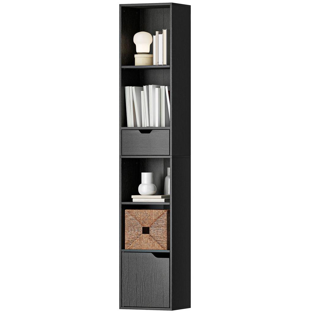 Bookcase, Storage Unit, Drawer, Cupboard, Open Compartments, 30 x 24 x 158 cm, Black