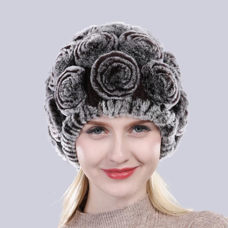 New Arrival Flowers Real Fur Hats Winter Russian Women Natural Rex Rabbit Fur Caps Lady Genuine Rex Rabbit Fur Beanies Cap