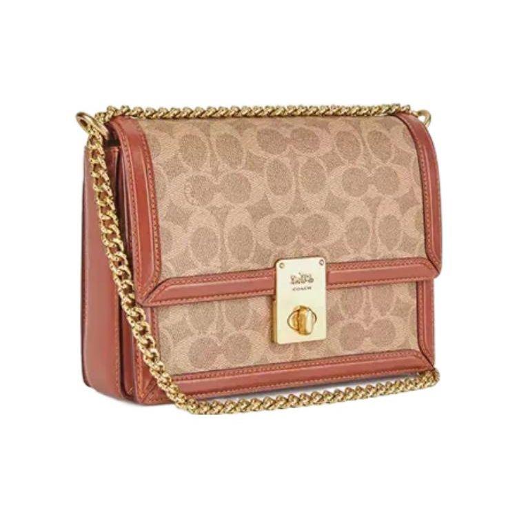 Coach Hutton 22 Classic Monogram Chain Lock Envelope Shoulder Bag Women Shoulder Bag Brown Yellow CJ390-B4NQ4