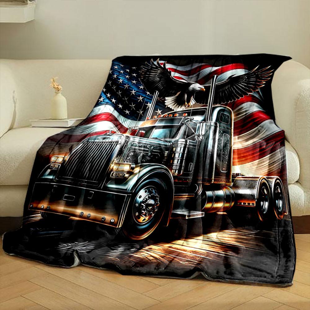 Bald Eagle Semi Truck USA Flag Blanket Bedroom Blanket for Livingroom Couch Lunch Break Soft Throw for Friend's Festival Gift